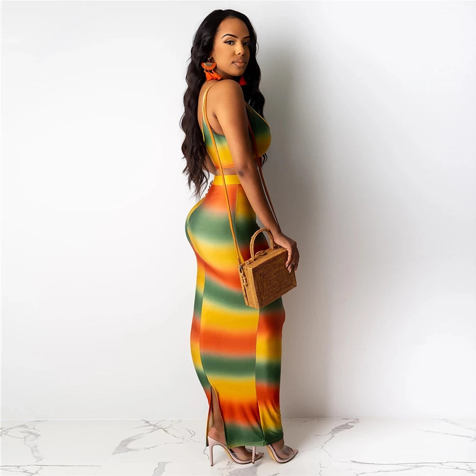 Women's Rainbow Stripes Two Piece Skirt Set