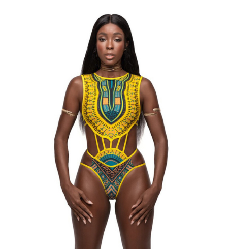 African Print Laced Up One Piece Swimsuit