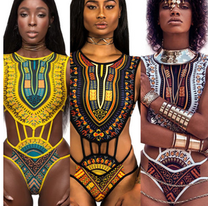 African Print Laced Up One Piece Swimsuit