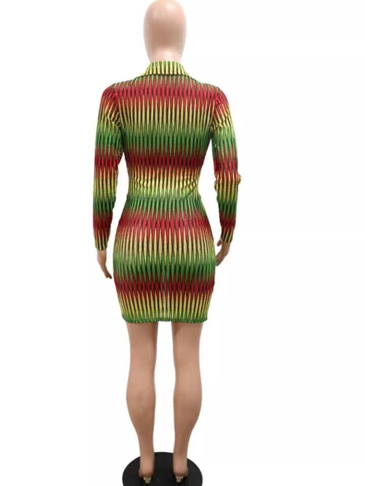 Rasta Striped Long Sleeve V-neck Midi Dress