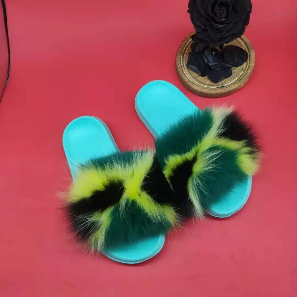 Jamaica Fox Fur Furry Slippers