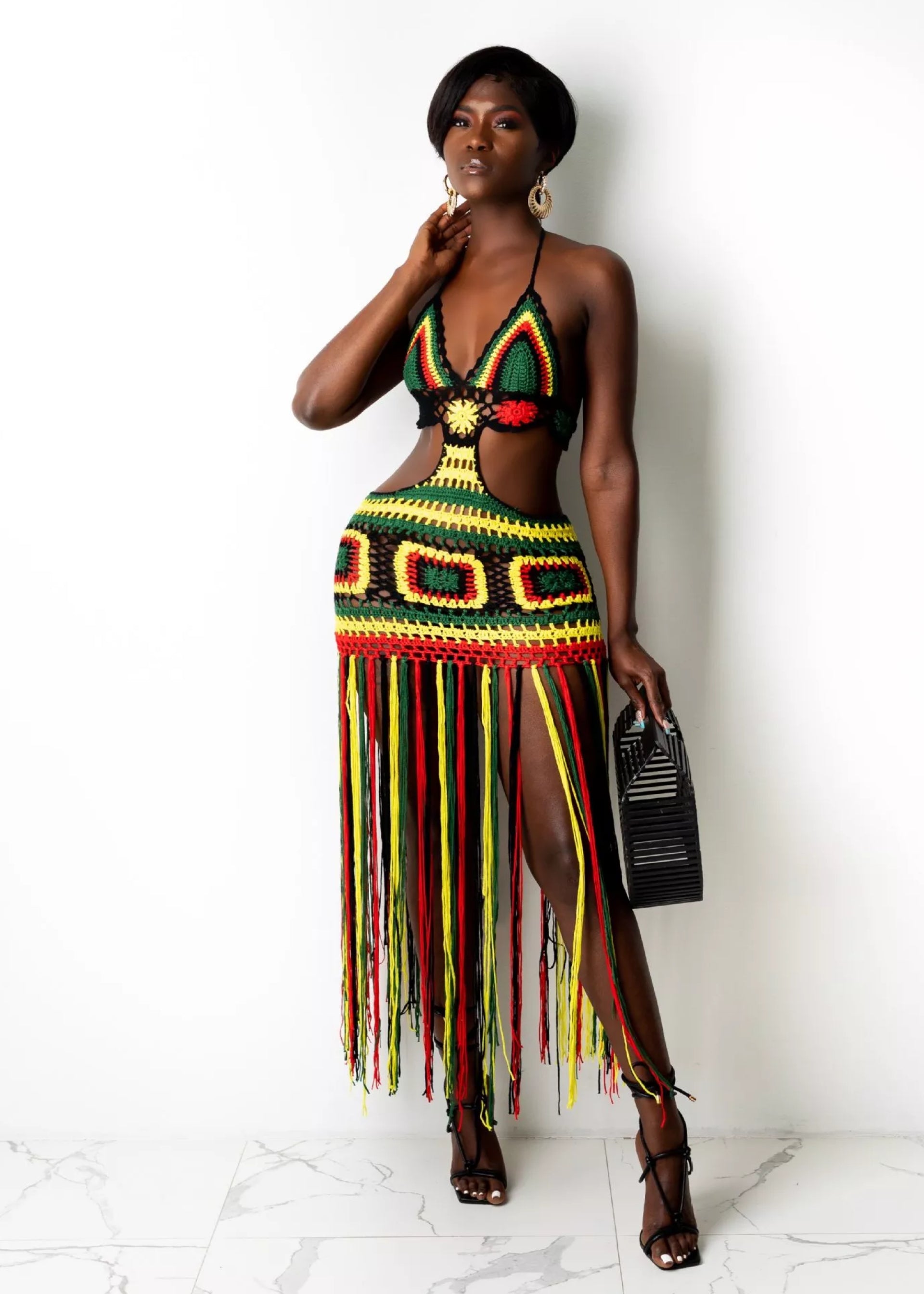 Rasta Knitted Crochet Halter Tassel Dress – Original Yawdie Apparel Rasta Knitted Crochet Halter Tassel Dress – Original Yawdie Apparel