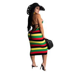 Rasta Striped Sleeveless Bodycon Midi Dress