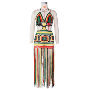 Rasta Knitted Crochet Halter Tassel Dress Original Yawdie Apparel Rasta Knitted Crochet Halter Tassel Dress Original Yawdie Apparel