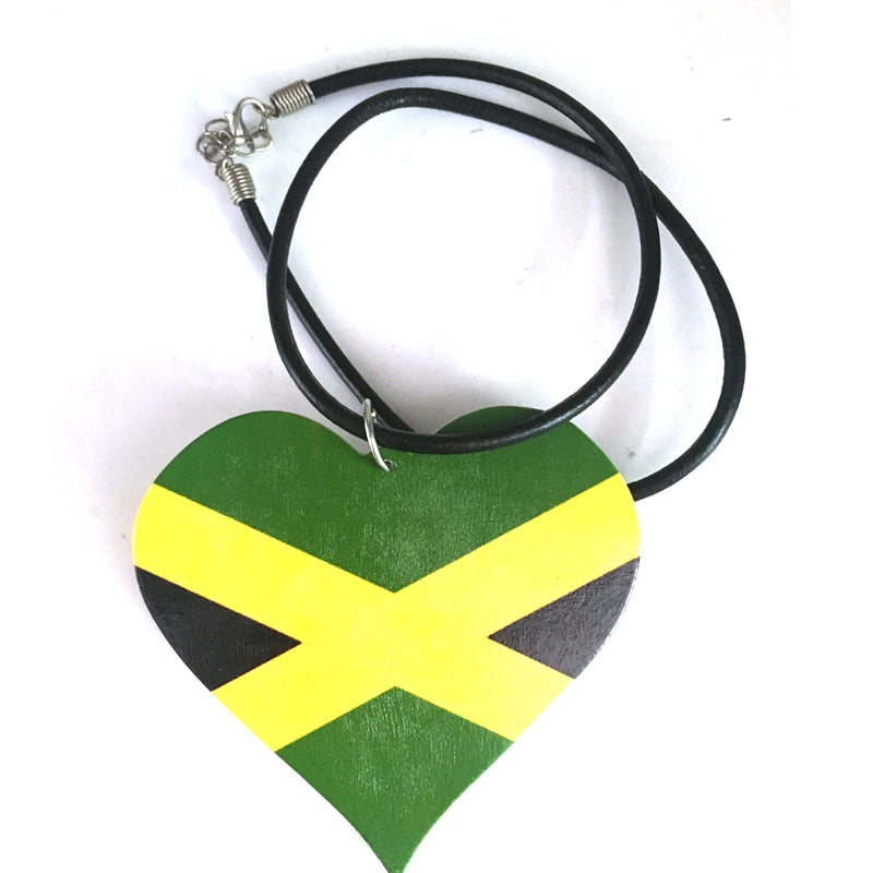 Jamaica Flag Heart  Wooden Pendant Necklace