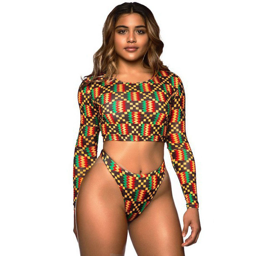 African Print Long Sleeve Bikini Set