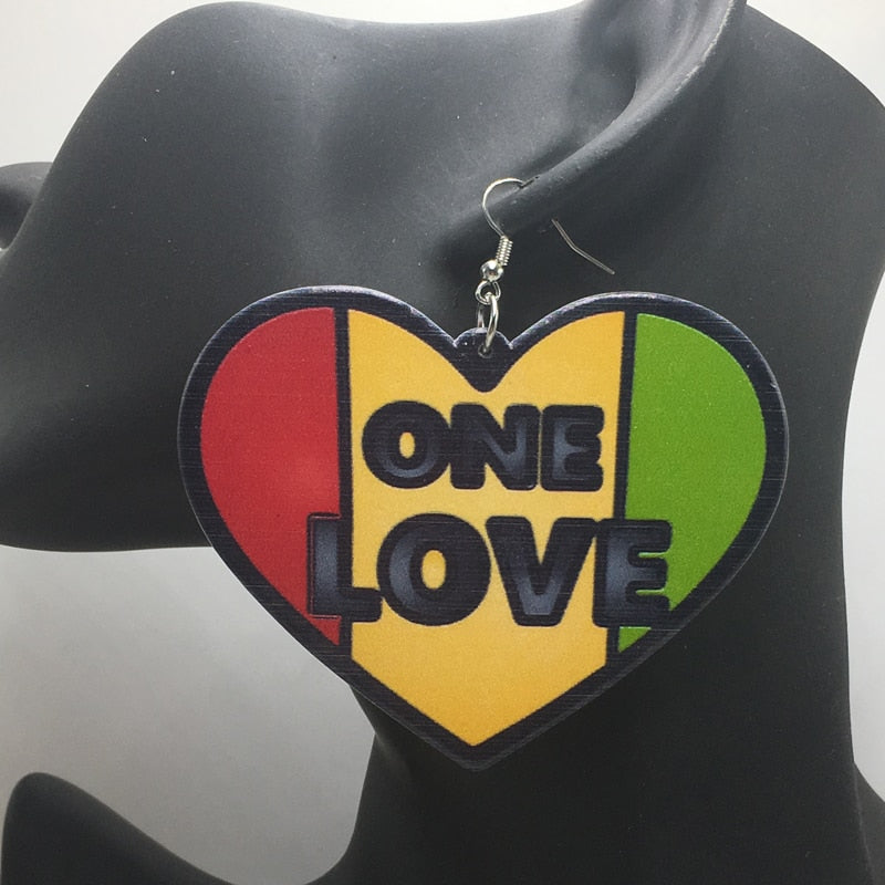 One Love Heart Wooden Earrings