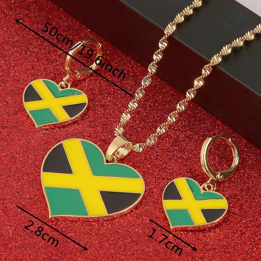 Jamaica Flag Heart Pendant Necklace And Earring Set