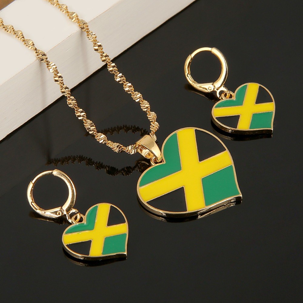 Jamaica Flag Heart Pendant Necklace And Earring Set