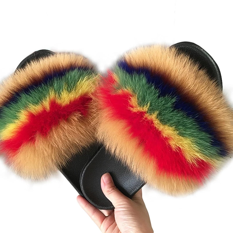 Women's Real Fox Fur Furry Slippers